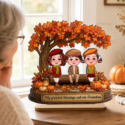 Personalized Wooden Plaque, Grandkids Sitting Under an Autumn Tree, Unique Gift for Grandma