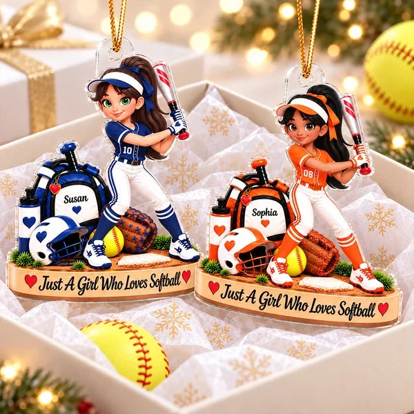 Personalized Acrylic Ornament, Cartoon Softball Player Swinging a Bat, Unique Christmas Gift for Daughter