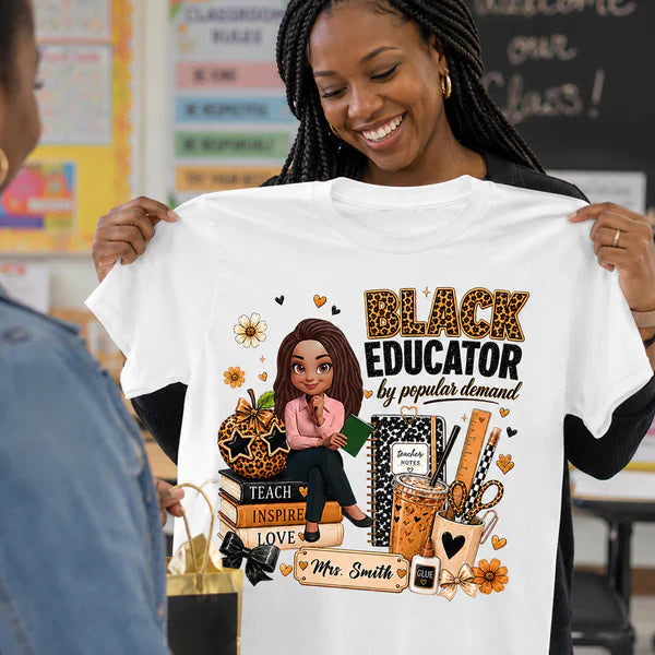 Personalized Black Educator Classic Tee, Cute Teacher Illustration, Unique Back to School Gift