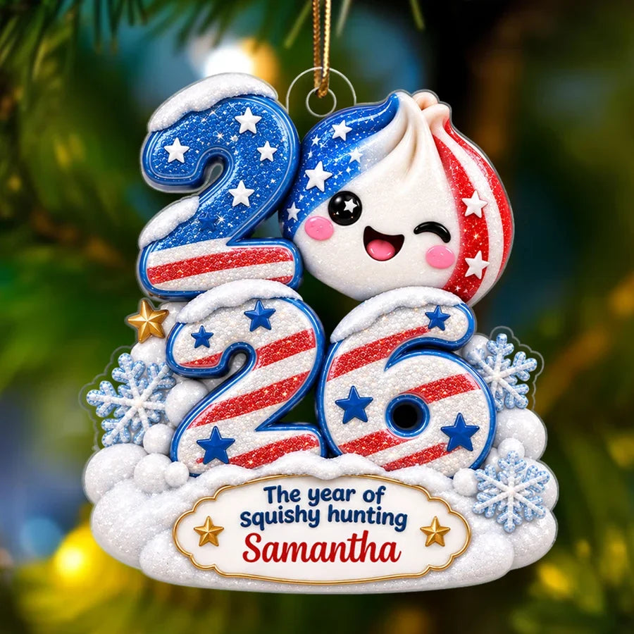 Personalized American Flag Squishy Hunting Christmas Ornament, Custom Name & Year, Fun Patriotic Keepsake for Teens