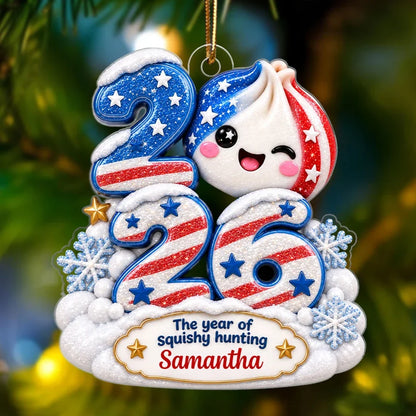 Personalized American Flag Squishy Hunting Christmas Ornament, Custom Name & Year, Fun Patriotic Keepsake for Teens