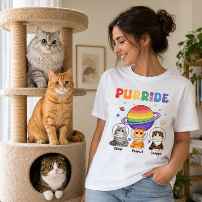 Personalized Purride Cat Classic Tee With Rainbow Space Cats, Unique Gift For Cat Lovers