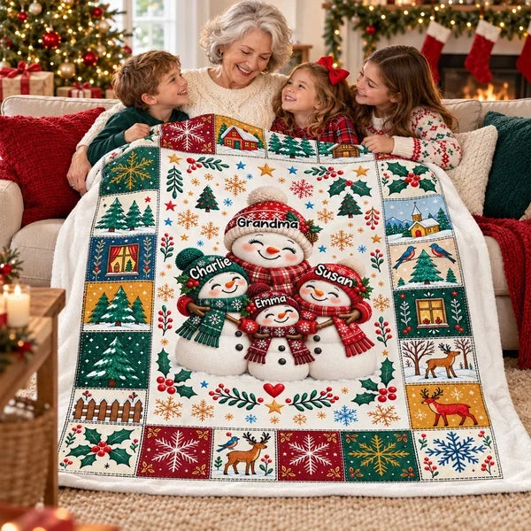 Personalized Fleece Blanket, Heartwarming Snowman Family Hug in Colorful Winter Art, Creative Gift for Grandma and Grandkids