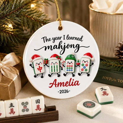 Personalized Ceramic Ornament, Bright Cartoon Mahjong Tiles Waving by a Christmas Tree, Unique Gift for Players