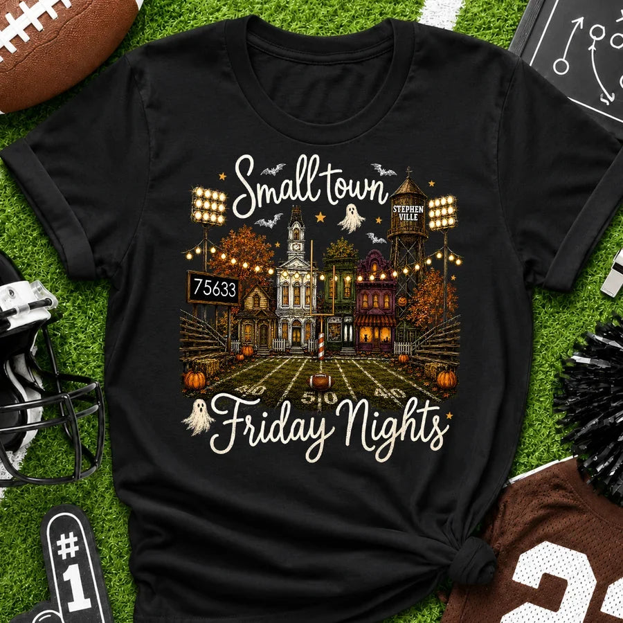 Personalized Classic Tee, Spooky Friday Night Hometown Artwork, Creative Gift for Local Sports Fans