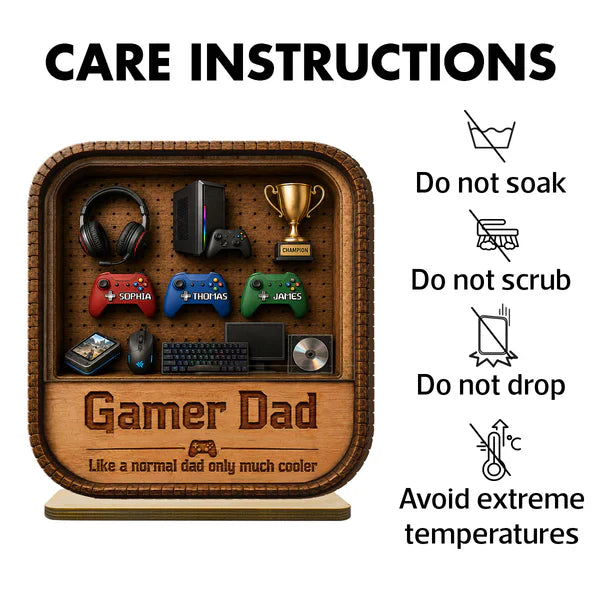 Gamer Dad 2-Layer Wooden Plaque, Personalized Gaming Shelf Display, Unique Gift for Dad