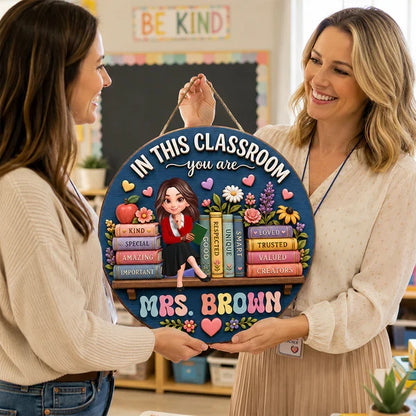 Personalized Wooden Sign With Cartoon Teacher, Books & Flowers, Unique Classroom Gift