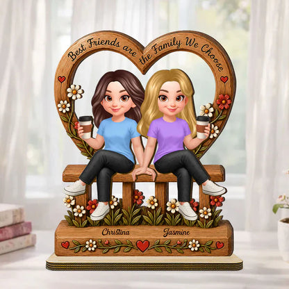 2-Layer Wooden Plaque, Family We Choose Quote with Friends on Floral Bench, Creative Gift for Close Friend