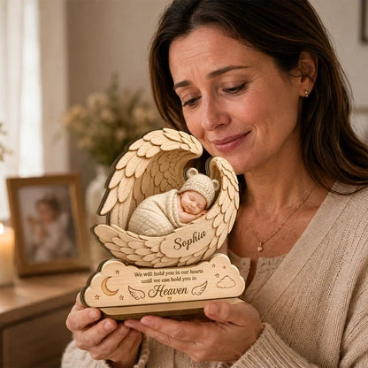 Personalized 2-Layer Wooden Plaque, Sleeping Baby in Angel Wings, Unique Infant Loss Memorial Gift for Parents