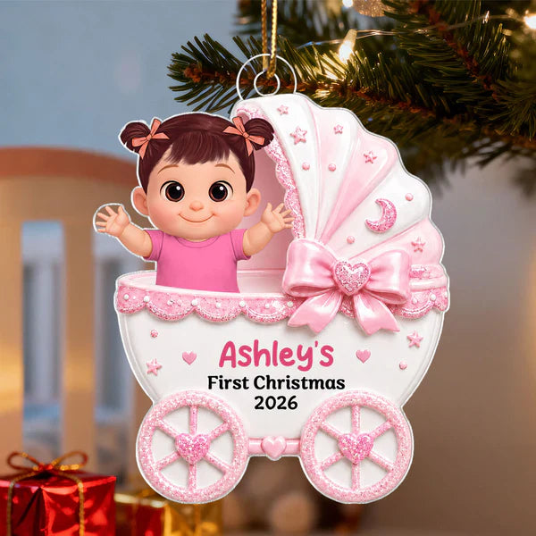 Personalized Acrylic Ornament, Waving Baby in Stroller on Christmas Tree, Unique Creative Gift for New Parents
