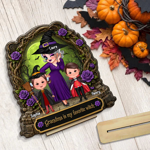 Personalized 2-Layer Wooden Plaque, Witch Grandma with Grandkids, Unique Halloween Gift