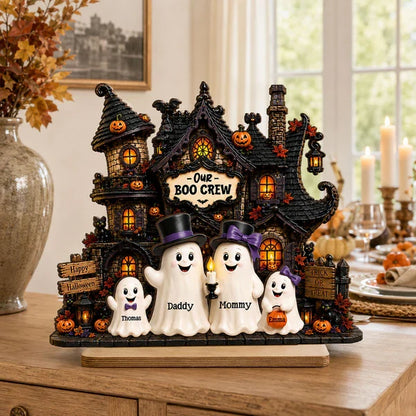 Personalized Layered Wooden Plaque, Ghost Family at Haunted House, Unique Halloween Gift for Family