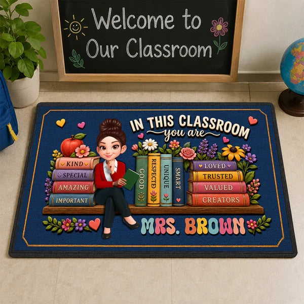 Personalized Teacher Doormat, Navy Classroom Welcome Design, Unique Creative Gift for Back to School
