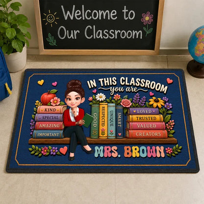 Personalized Teacher Doormat, Navy Classroom Welcome Design, Unique Creative Gift for Back to School