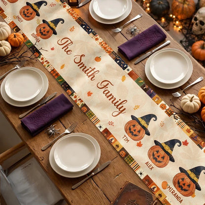 Personalized Halloween Table Runner, Witch Hat Pumpkin Family Design, Creative Gift for Mom and Family