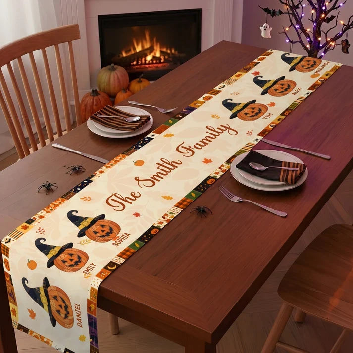 Personalized Halloween Table Runner, Witch Hat Pumpkin Family Design, Creative Gift for Mom and Family