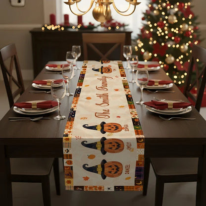 Personalized Halloween Table Runner, Witch Hat Pumpkin Family Design, Creative Gift for Mom and Family