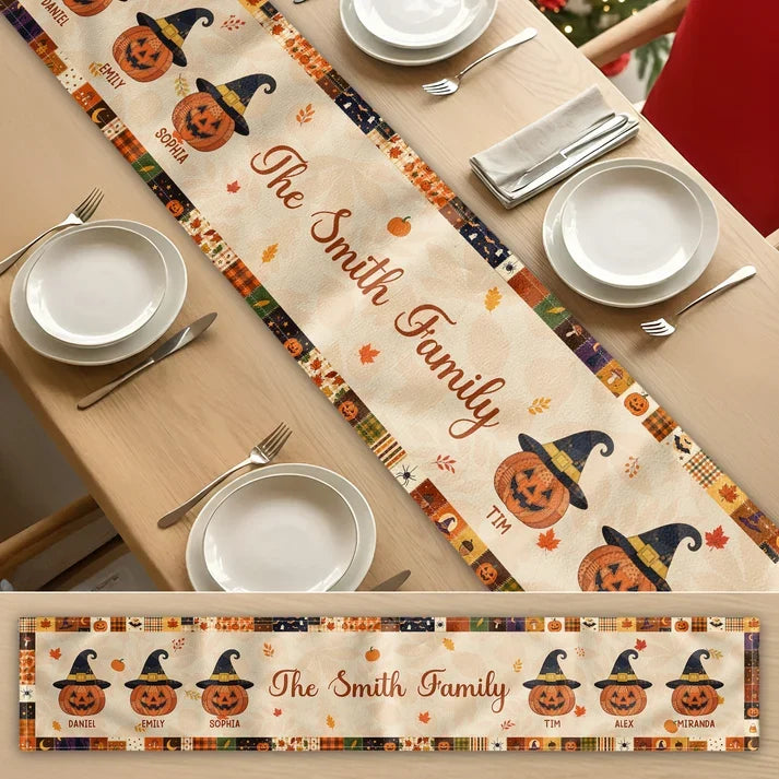 Personalized Halloween Table Runner, Witch Hat Pumpkin Family Design, Creative Gift for Mom and Family