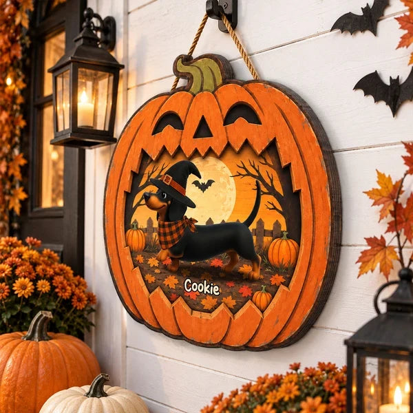 Personalized Wooden Sign, Dachshund in a Moonlit Pumpkin Patch, Creative Halloween Keepsake Gift for Pet Owners
