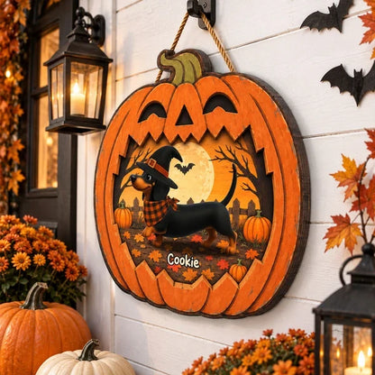 Personalized Wooden Sign, Dachshund in a Moonlit Pumpkin Patch, Creative Halloween Keepsake Gift for Pet Owners