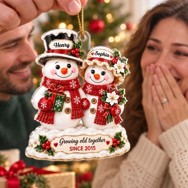 Personalized Acrylic Ornament, Snowman Couple Growing Old Together, Unique Christmas Gift for Partners