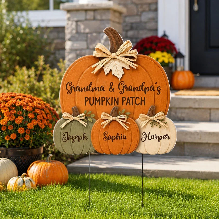 Grandma & Grandpa's Pumpkin Patch Shaped Yard Sign, Personalized Fall Display, Creative Family Gift