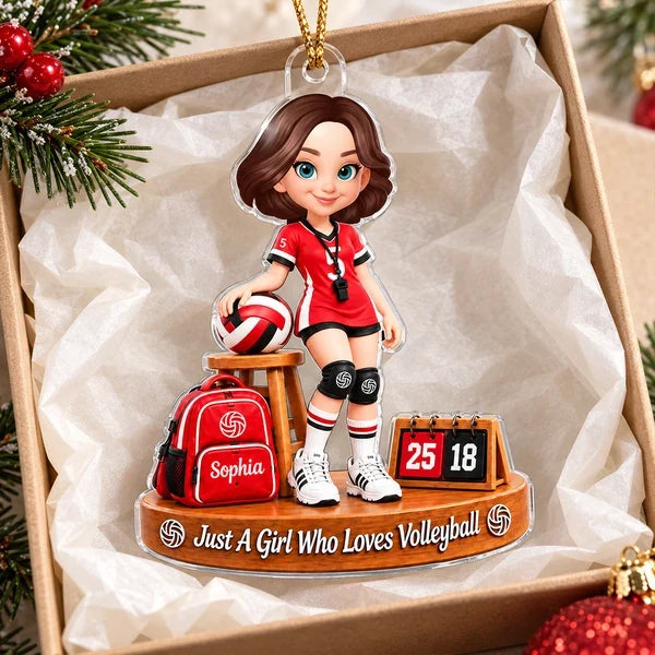 Personalized Volleyball Girl Acrylic Ornament, Red Team Scene with Ball and Scoreboard, Unique Gift for Daughter