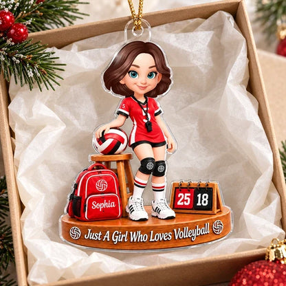 Personalized Volleyball Girl Acrylic Ornament, Red Team Scene with Ball and Scoreboard, Unique Gift for Daughter