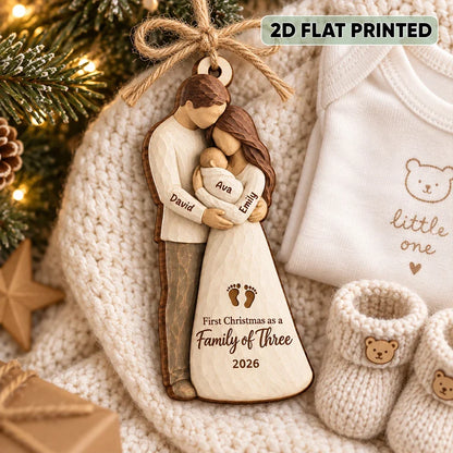 Personalized Wooden Ornament, Parents Cradling Baby, Unique Christmas Tree Gift for New Parents