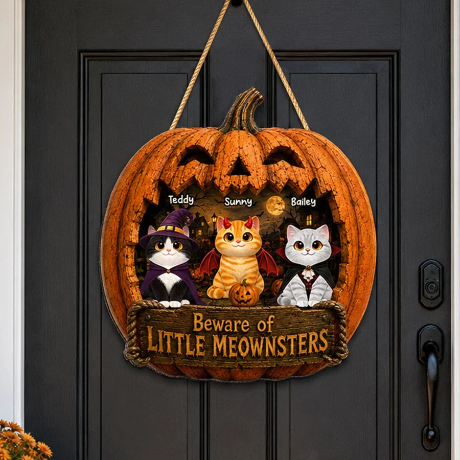 Personalized Halloween Wooden Sign with Costumed Cats, Moonlit Pumpkin Decor, Unique Gift for Cat Lovers