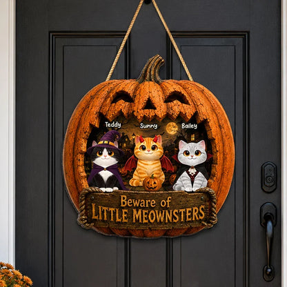 Personalized Halloween Wooden Sign with Costumed Cats, Moonlit Pumpkin Decor, Unique Gift for Cat Lovers
