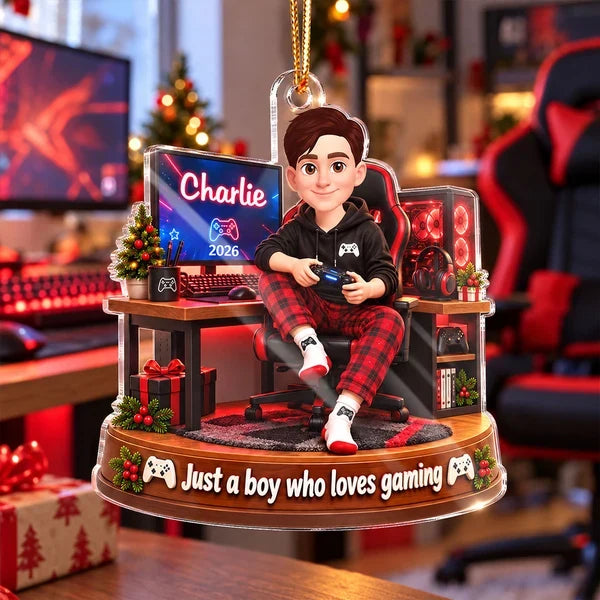 Personalized Acrylic Ornament, Red and Black Cartoon Boy Gaming at Desk, Unique Christmas Gift for Son