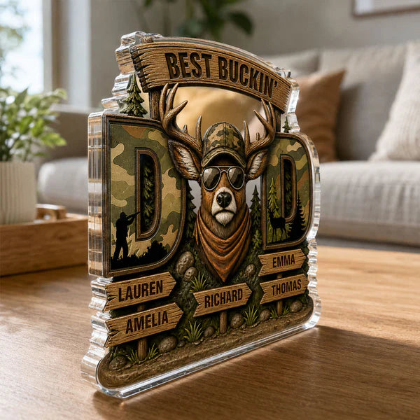 Personalized Shaped Acrylic Block Plaque with Camo Buck & Hunter Silhouette, Unique Gift for Dad