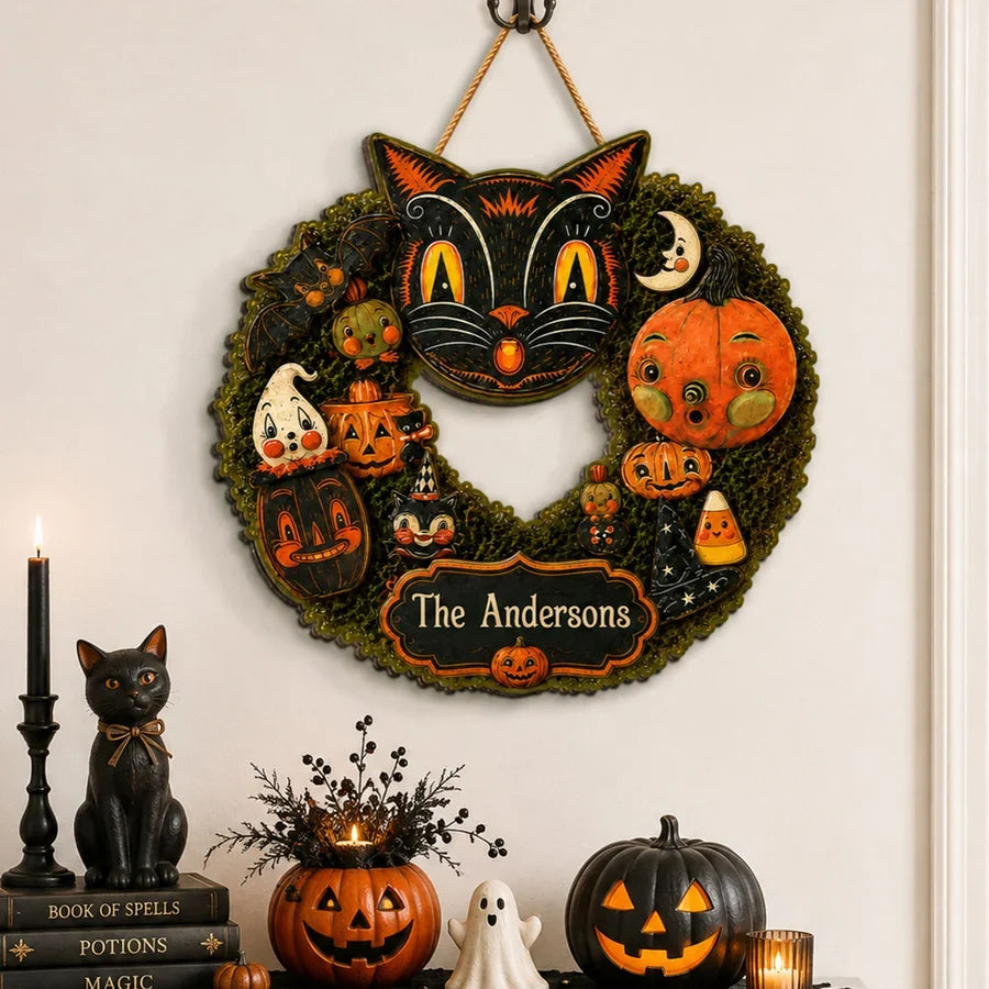 Personalized Wooden Sign, Whimsical Black Cat Halloween Keepsake, Creative Gift for Cat Lovers