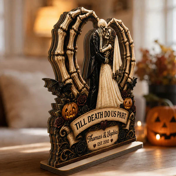 Personalized 2-Layer Wooden Plaque, Kissing Skeleton Couple Halloween Decor, Unique Gift for Couples