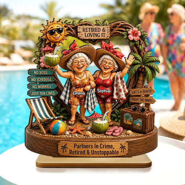 Personalized 2-Layer Wooden Plaque, Retired Friends Beach Scene, Unique Creative Gift for Close Friends