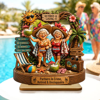 Personalized 2-Layer Wooden Plaque, Retired Friends Beach Scene, Unique Creative Gift for Close Friends