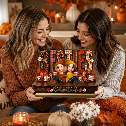 Personalized 2-Layer Wooden Plaque, Sitting Besties with Coffee, Unique Fall Gift for Close Friend