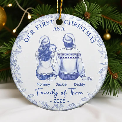 Ceramic Ornament for Our First Christmas, warm family illustration, perfect gift for parents
