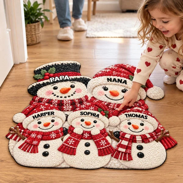 Snowman Family Shaped Doormat, Personalized Winter Welcome Decor, Heartwarming Creative Gift for Grandparents and Family