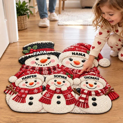 Snowman Family Shaped Doormat, Personalized Winter Welcome Decor, Heartwarming Creative Gift for Grandparents and Family