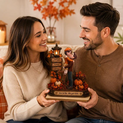 Personalized 2-Layer Wooden Plaque, Kissing Couple in Cozy Fall Scene, Unique Anniversary Gift for Couples
