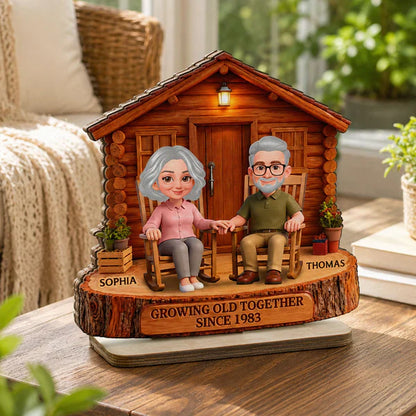 Growing Old Together 2-Layer Wooden Plaque, Couple Holding Hands at Cabin, Creative Anniversary Gift