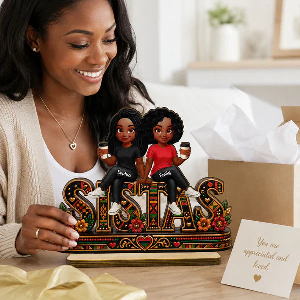 Personalized 2-Layer Wooden Plaque, Sistas Cartoon Display With Coffee Cups, Unique Sister Gift