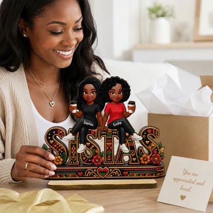 Personalized 2-Layer Wooden Plaque, Sistas Cartoon Display With Coffee Cups, Unique Sister Gift