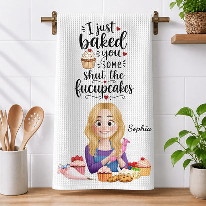 Personalized Kitchen Towel with Cartoon Baker & Cupcakes, Unique Creative Gift for Home Cook