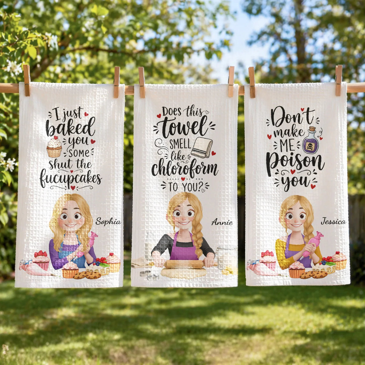Personalized Kitchen Towel with Cartoon Baker & Cupcakes, Unique Creative Gift for Home Cook