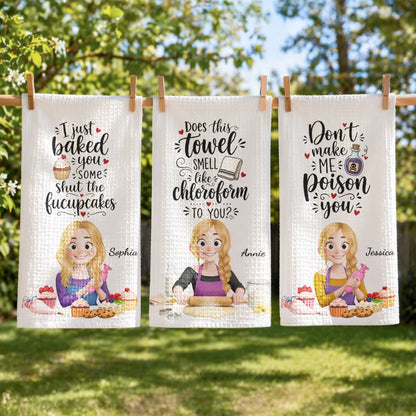 Personalized Kitchen Towel with Cartoon Baker & Cupcakes, Unique Creative Gift for Home Cook