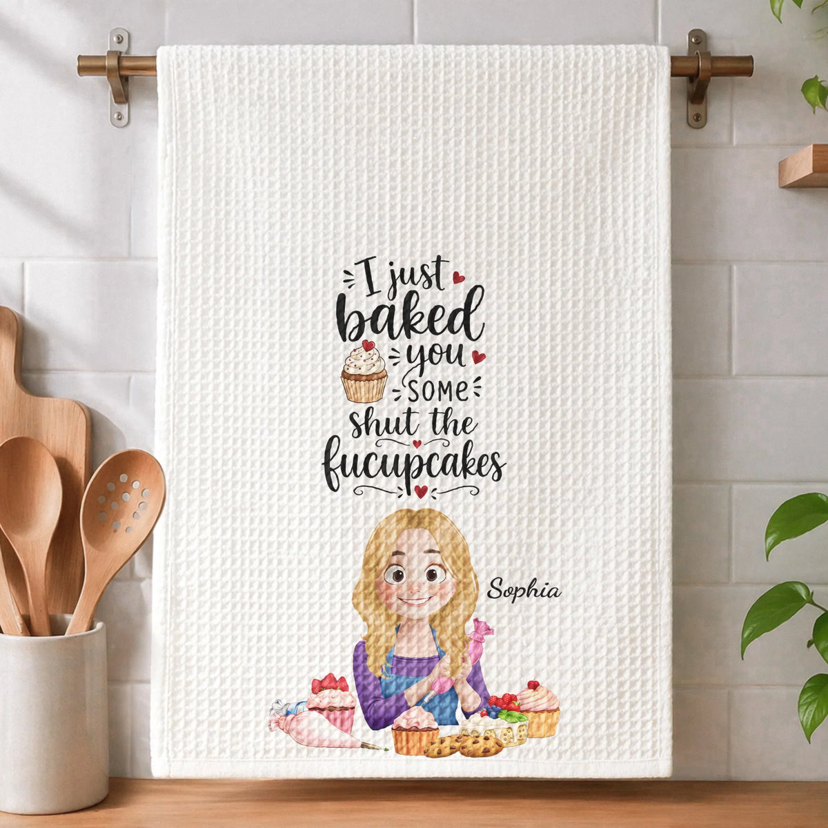 Personalized Kitchen Towel with Cartoon Baker & Cupcakes, Unique Creative Gift for Home Cook