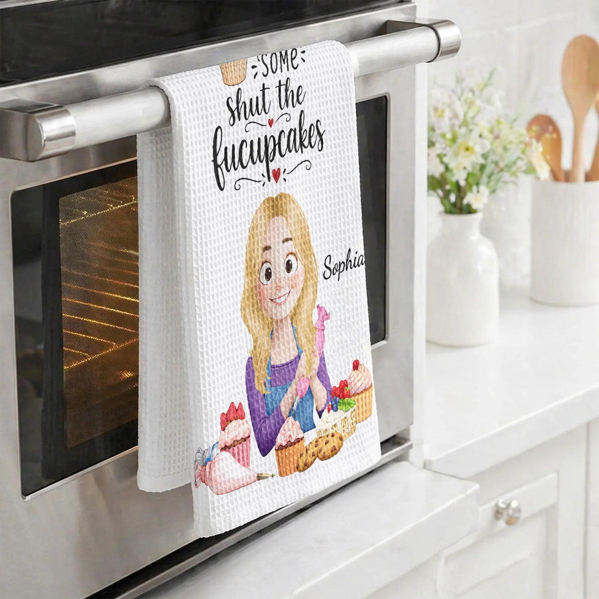 Personalized Kitchen Towel with Cartoon Baker & Cupcakes, Unique Creative Gift for Home Cook